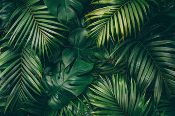 Palm leaves dark green background.