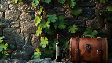 Vineyard Elegance Leather Wine Carrier Amidst Historic Stone Wall Perfect for Gourmet Travelers and Wine Enthusiasts