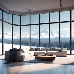 Modern minimalistic comfortable interior with a winter view through large windows. 