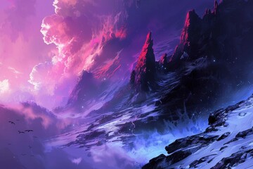 Fototapeta premium Mystical Mountain Landscape with Vivid Purple Sky and Snowy Peaks