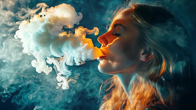 Enigmatic woman exhaling smoke in atmospheric blue light