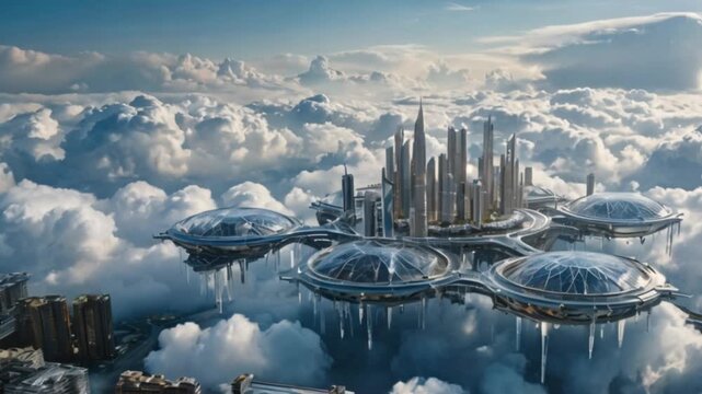A floating city built on giant clouds, with buildings made of crystal and bridges of light connecting them