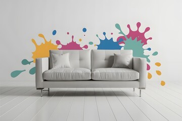 Illustration of a sofa with a rainbow of cushions
