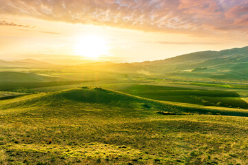 Fototapeta premium spring green field landscape in beautiful countryside with green and yellow grass, rural hills and amazing cloudy sky on background. Agriculture landscape with rural view