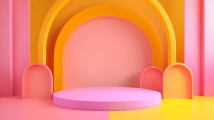 This vibrant podium design features a blend of soft pink, warm yellow, and bright orange hues. Its ideal for events, presentations, or creative showcases, adding a lively touch to any gathering