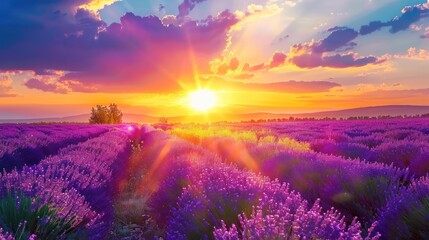Sunbeams Illuminating a Lavender Field at Sunset