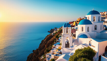 A charming coastal village with whitewashed buildings and blue-domed churches, set against a vast, clear sky.
