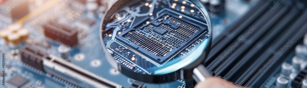 Poster a computer motherboard under a magnifying glass, showcasing intricate circuitry and electronic compo