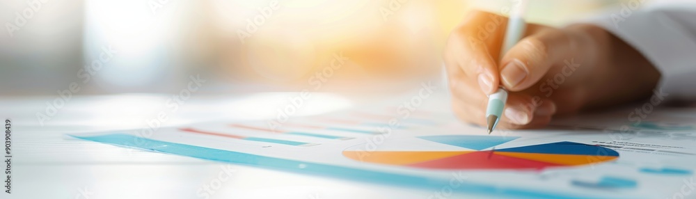 Aufkleber a hand using a pen to analyze colorful charts and graphs on a business report in a bright workspace.