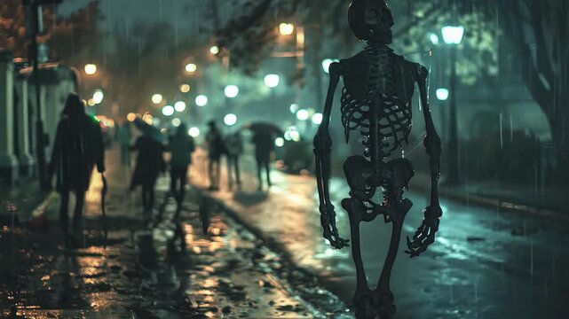 Mysterious skeleton in rainy city night atmosphere
