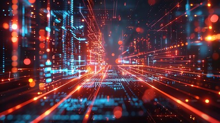 Abstract futuristic city with glowing lights and lines.