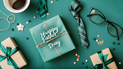 Happy Fathers Day banner template. Flat lay composition with gift box, glasses, coffee cup on green background. Top view with copy space