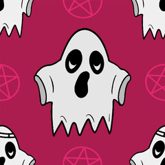 Seamless vector pattern with spooky and cute ghost illustrations isolated on pink background for Halloween