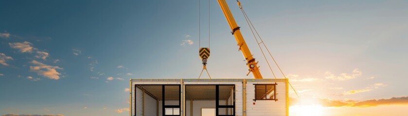 A crane lifting a modular building at sunset, showcasing modern construction techniques and innovative design processes.