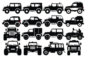 Silhouette image set of jeeps, perfect for creating adventure-themed designs and projects.