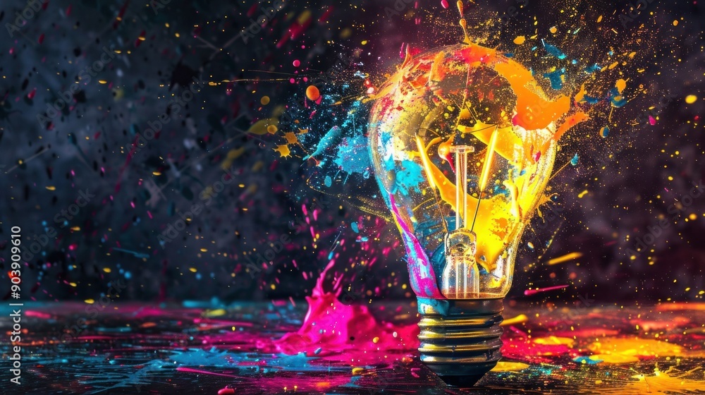 Poster a colorful light bulb is surrounded by splashes of paint, creating a vibrant and dynamic scene. the 