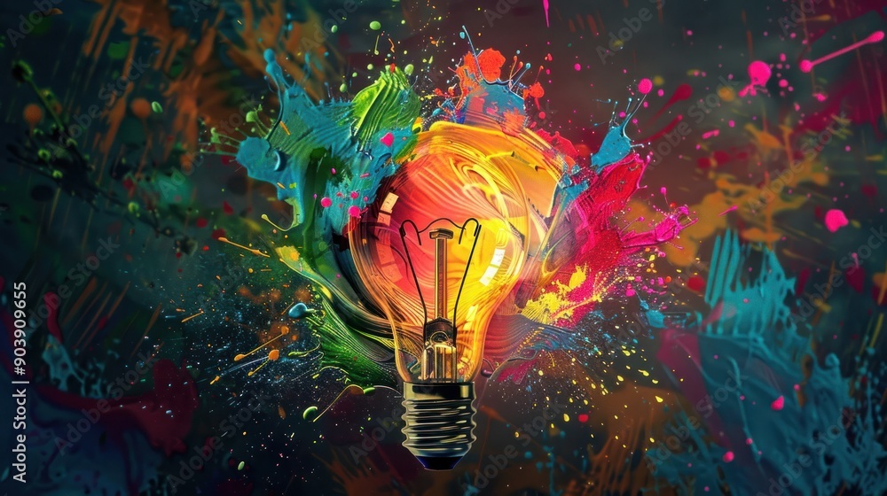 Poster a colorful light bulb is surrounded by splashes of paint, creating a vibrant and dynamic scene. the 