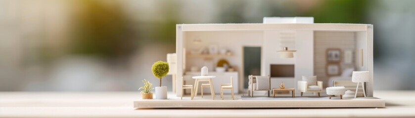 A detailed miniature model of a modern home interior showcasing stylish furniture and decor elements.