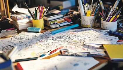 Innovative Idea Generation: Desk with Sketches and Brainstorming Tools, desk cluttered with brainstorming tools and materials