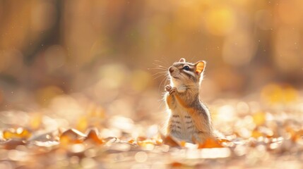 Fototapeta premium A cute chipmunk standing on its hind legs, savoring the moment with its tiny paws