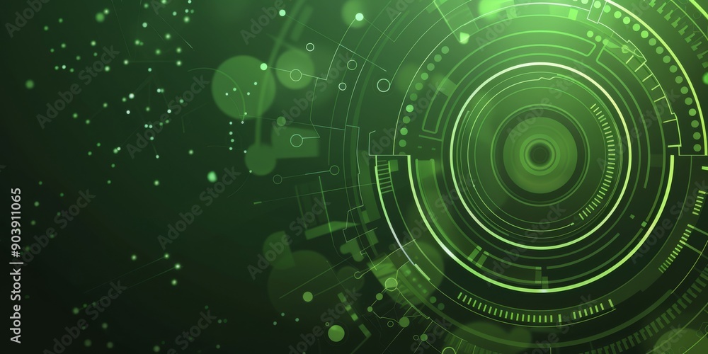 Poster a dynamic green digital tech background featuring futuristic abstract design elements and circular p