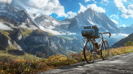 Fototapeta premium Adventure Awaits Touring Bicycle Pannier Bag on Mountain Pass Cycling Tours and Endurance