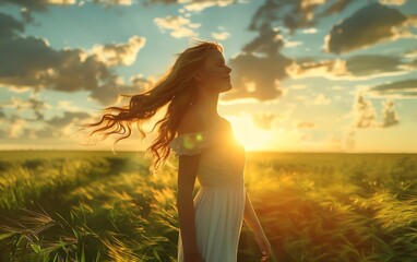 Obraz premium Longhaired woman in a white dress standing in a green field, facing the sky as the sun sets, joyful expression on her face