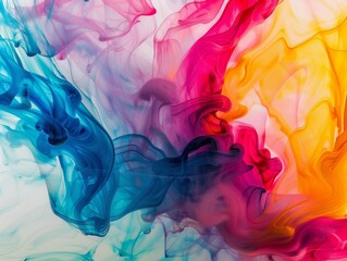 Abstract colorful ink swirls on white background.
