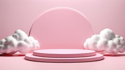 Minimal scene with pink podium and white clouds. 3D rendering