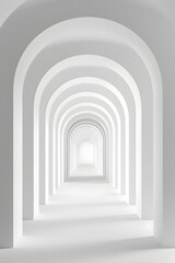 Fototapeta premium A serene, infinite corridor of white arches stretching into the distance, casting soft shadows, creating a sense of tranquility and endless space, exemplifying modern minimalist architecture.