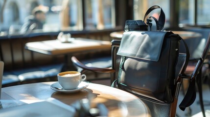 Modern Work Essentials Stylish Messenger Bag and Laptop in Cozy Cafe Setting