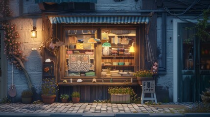 Cozy Crafts Inspiring Creativity in a Quaint Knitting Shop at Dusk