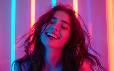 Beautiful woman with long black hair, laughing and dancing in dark neon lights, minimalist style background