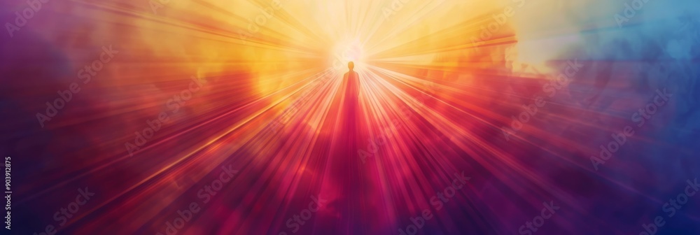 Poster vivid image of radiant light streaming through colorful clouds, creating a mesmerizing visual effect