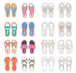 Big Female shoes collection in line art style. Footwear design for coloring book. Vector illustration isolated on a white background.