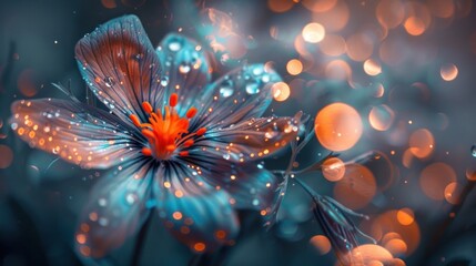 A flower with blue and orange petals is lit up with sparkles. The image has a dreamy, ethereal quality to it, as if the flower is glowing in the dark. The sparkles add a sense of movement