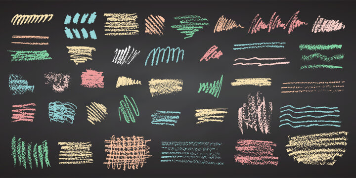 Charcoal pencil hand drawing curly lines, splash, squiggles and shapes. Color chalk elements Black chalkboard Grunge chalk crayon scribbles doodles textures. Rough crayon strokes. Vector illustration