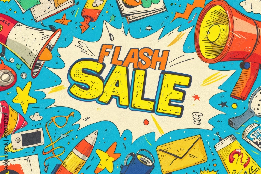 Wall mural Flash sale background surrounded by crazy items and megaphones drawing in comic style