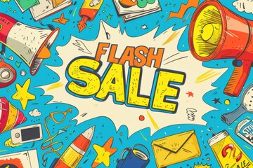 Flash sale background surrounded by crazy items and megaphones drawing in comic style