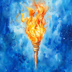 Olympic Torch Watercolor Art in Dynamic Blue