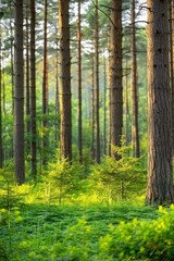 Obraz premium Towering pine trees in lush green forest with vibrant undergrowth and sunlight