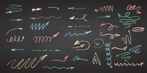 Charcoal pencil hand drawing curly arrows Swishes, swashes, swoops, swooshes, scribbles and squiggles Color chalk elements on chalkboard Grunge chalk crayon doodles texture strokes Vector illustration