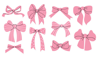 Coquette aesthetic pink ribbon bow collection. Isolated trend drawing elements. Vector illustration 