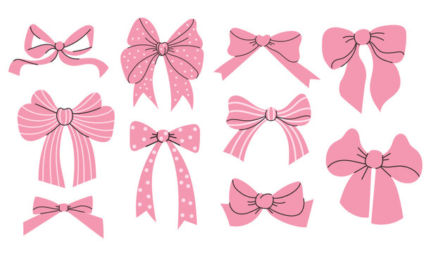 Coquette aesthetic pink ribbon bow collection. Isolated trend drawing elements. Vector illustration 