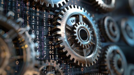 Digital Financial Engine Metallic Gears and Cogs with Binary Code Background
