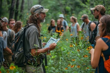 Obraz premium Professor guiding students through a field study, outdoor learning, hands-on experience. Generative AI
