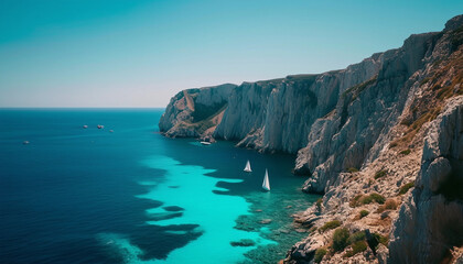 A scenic view of rugged coastal cliffs with crystal-clear turquoise waters below and a few small sails