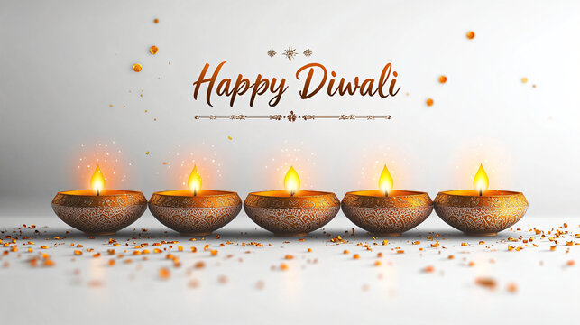 Row of traditional Diwali oil lamps with glowing flames and "Happy Diwali" text on a gradient background. Diwali celebration concept. Design for greeting card, invitation, and poster. Panoramic view w