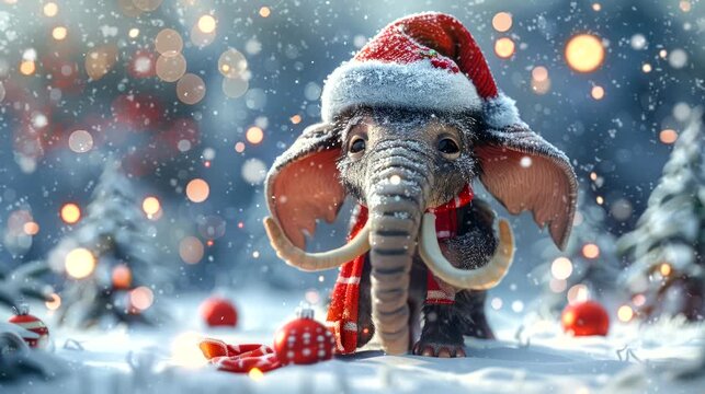 a festive wallpaper featuring cute mammoth dressed in Santa hats and scarves, christmas decoration tree. seamless looping time-lapse virtual 4k video animation background