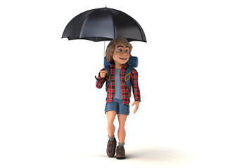 Fun 3D cartoon backpacker walking with an umbrella